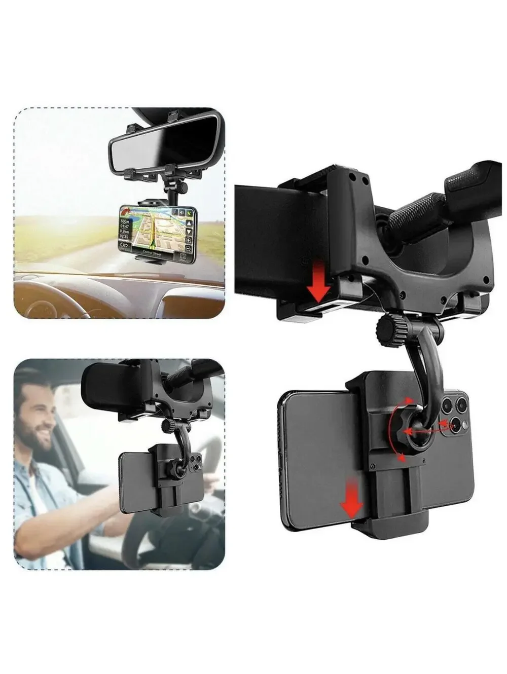 Universal 360 Rotation Car Rear View Mirror Mount Stand GPS Cell Phone Holder